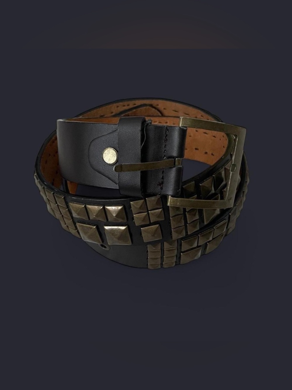 Black Studded Leather Belt with Antique Brass Accents